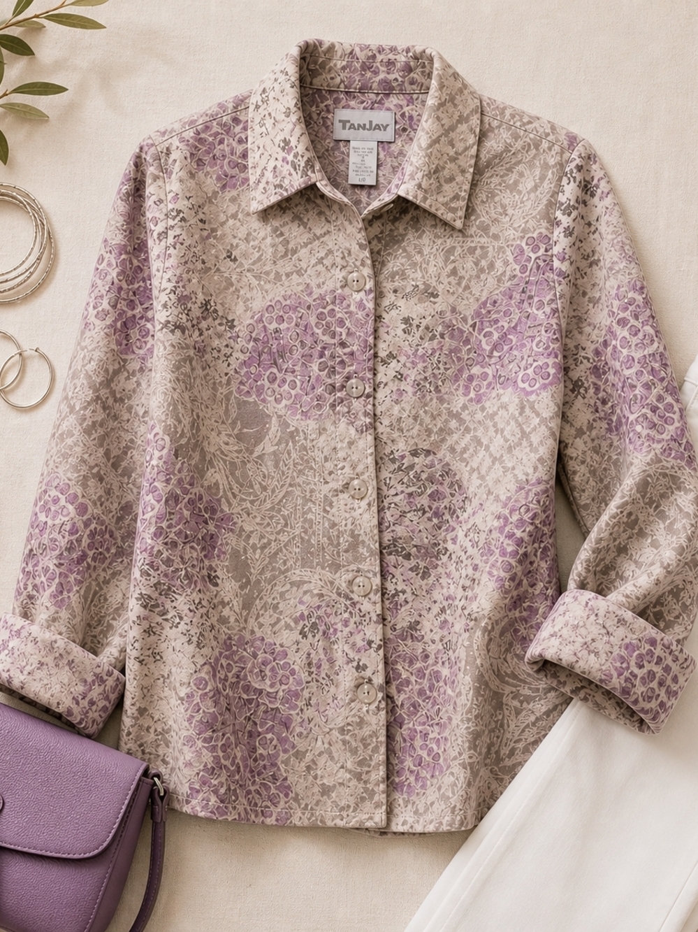 TanJay Women’s Lavender Floral Button-Front Shirt Jacket L